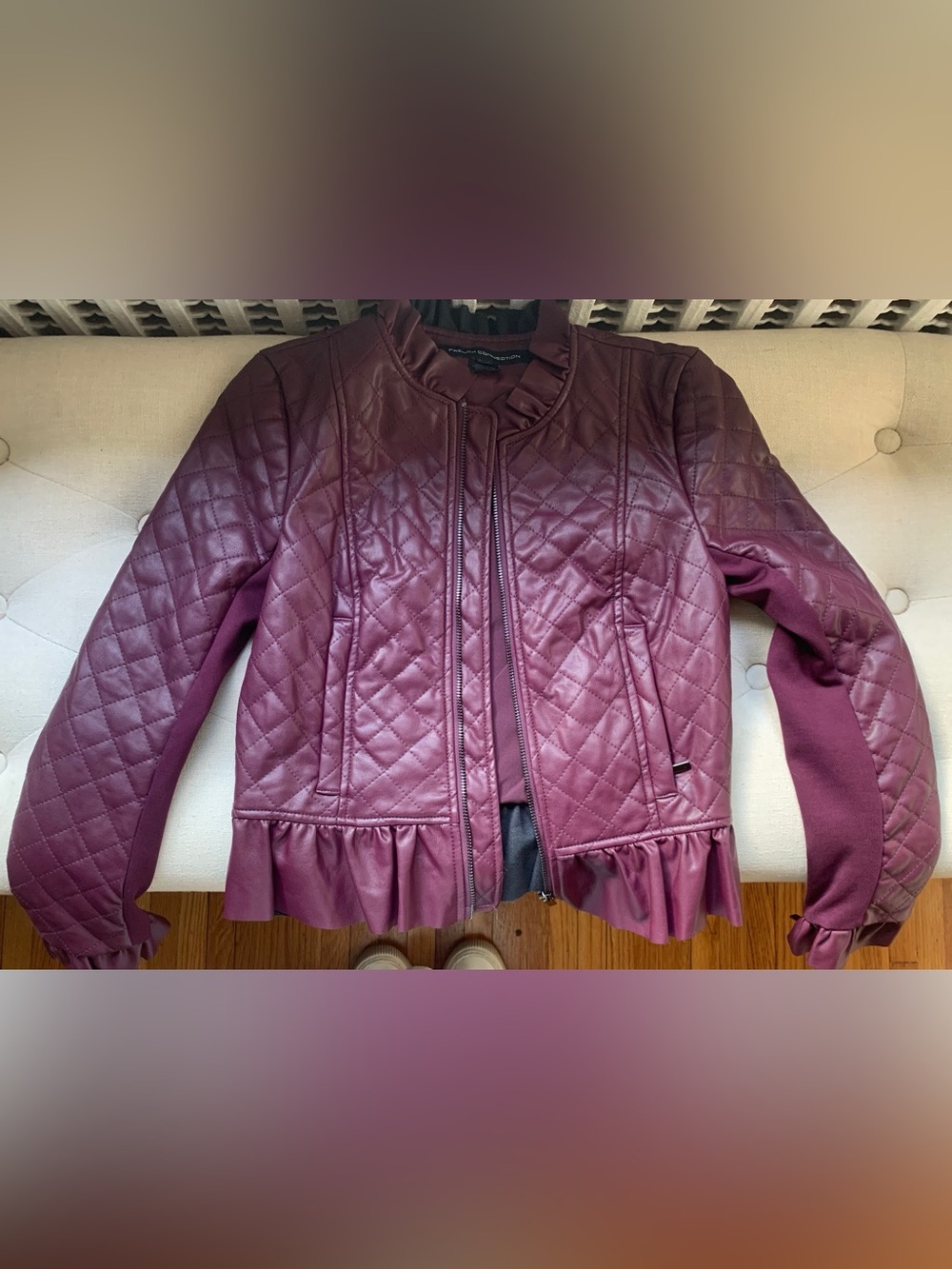 French Connection Quilted Leather Jacket in Burgundy